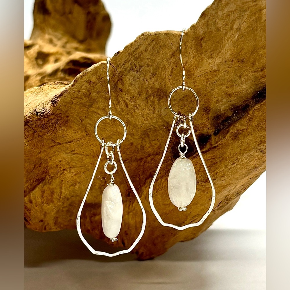 HAND CRAFTED Sterling Silver and Moonstone Geometric Dangle Earrings, Handmade